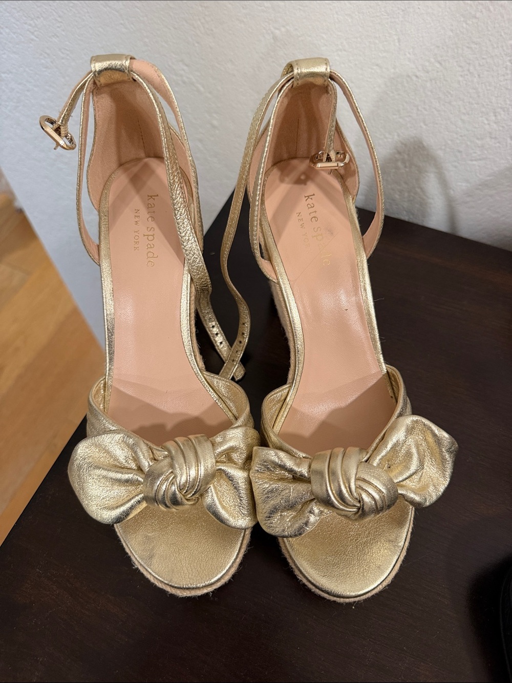 kate spade Metallic Gold Knotted Bow Ankle-Strap Heels